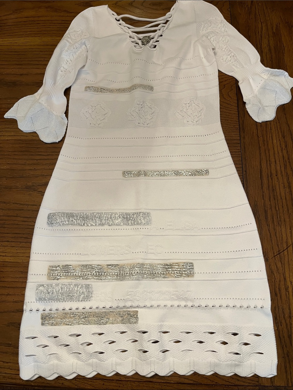 Elisa‎ Cavaletti White Lace-Up Knit Dress with Silver Accent, size small